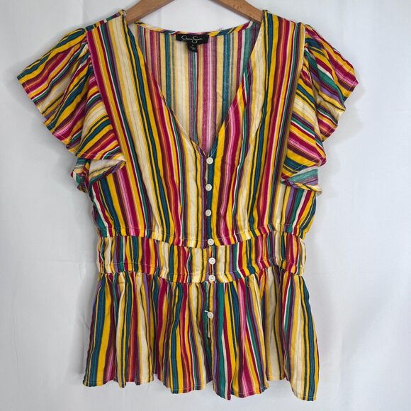 Jessica Simpson Rainbow Striped Flutter Sleeve Peplum Vneck Top Size Small - Picture 8 of 8